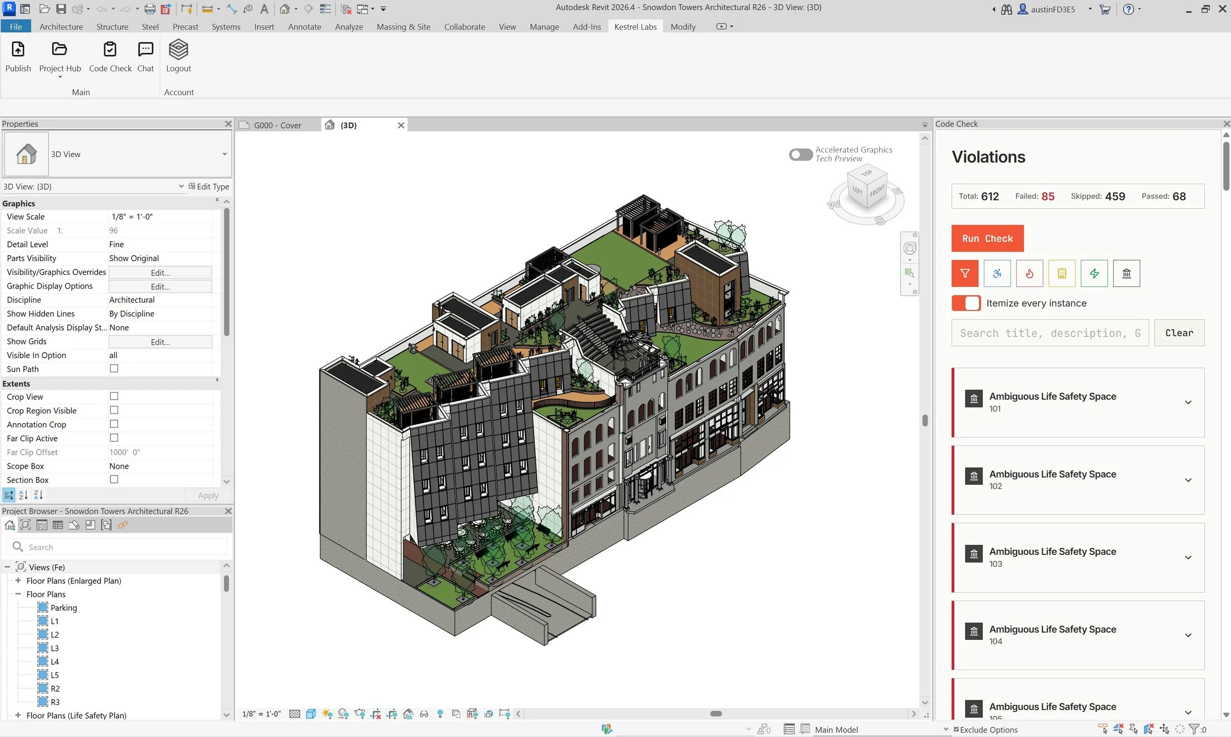 AI system analyzing building code compliance issues within a design model.