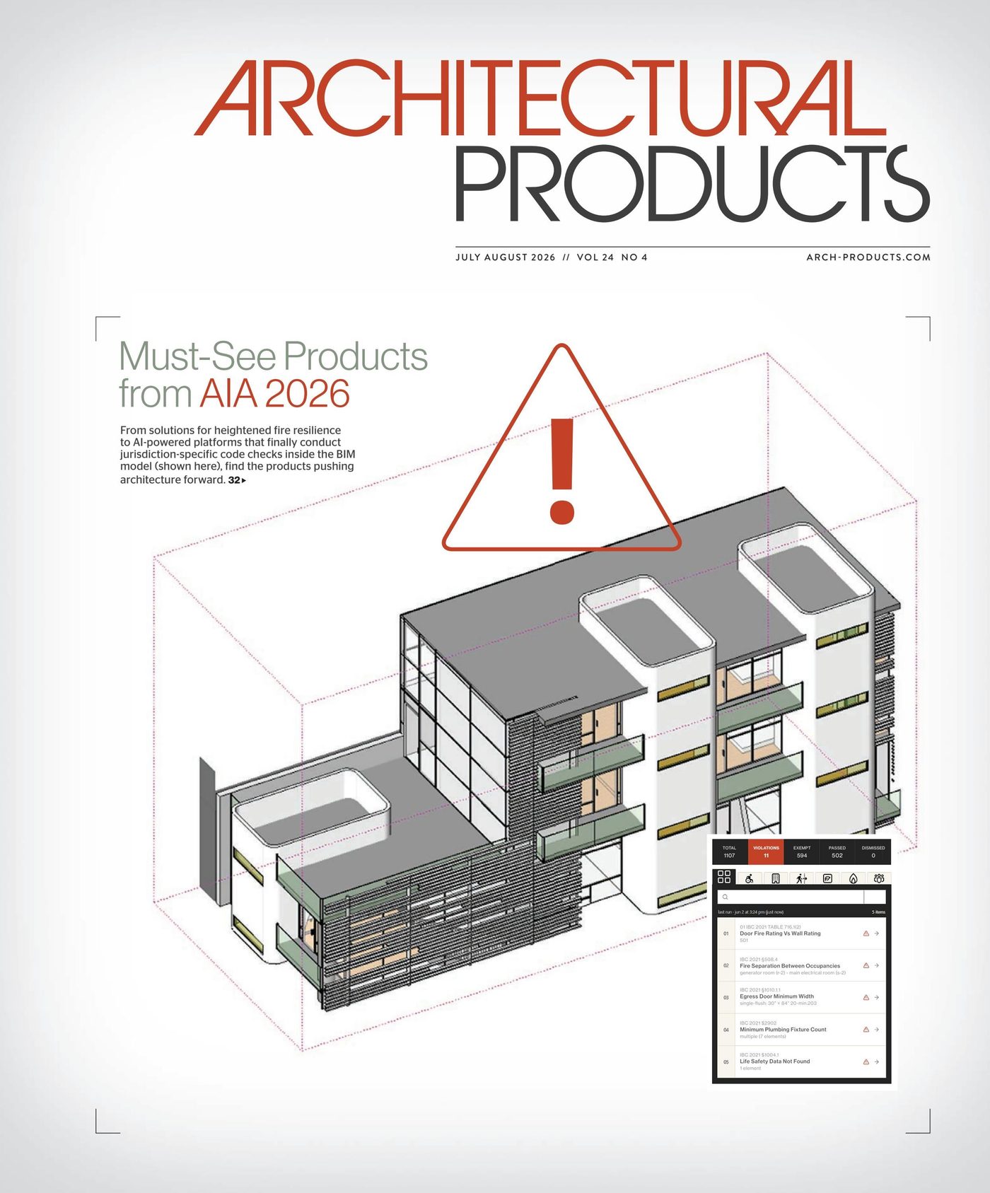 Cover of Architectural Products, July/August 2026: Must-See Products from AIA 2026, showing a BIM model with a Kestrel compliance check panel.