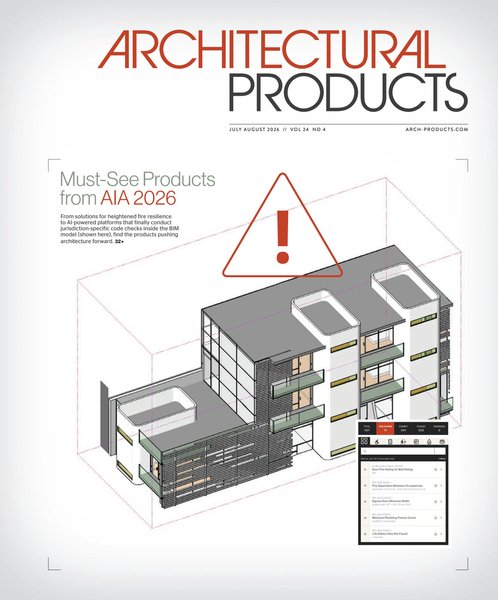 Cover of Architectural Products magazine, July/August 2026: a BIM model with a Kestrel compliance check panel.