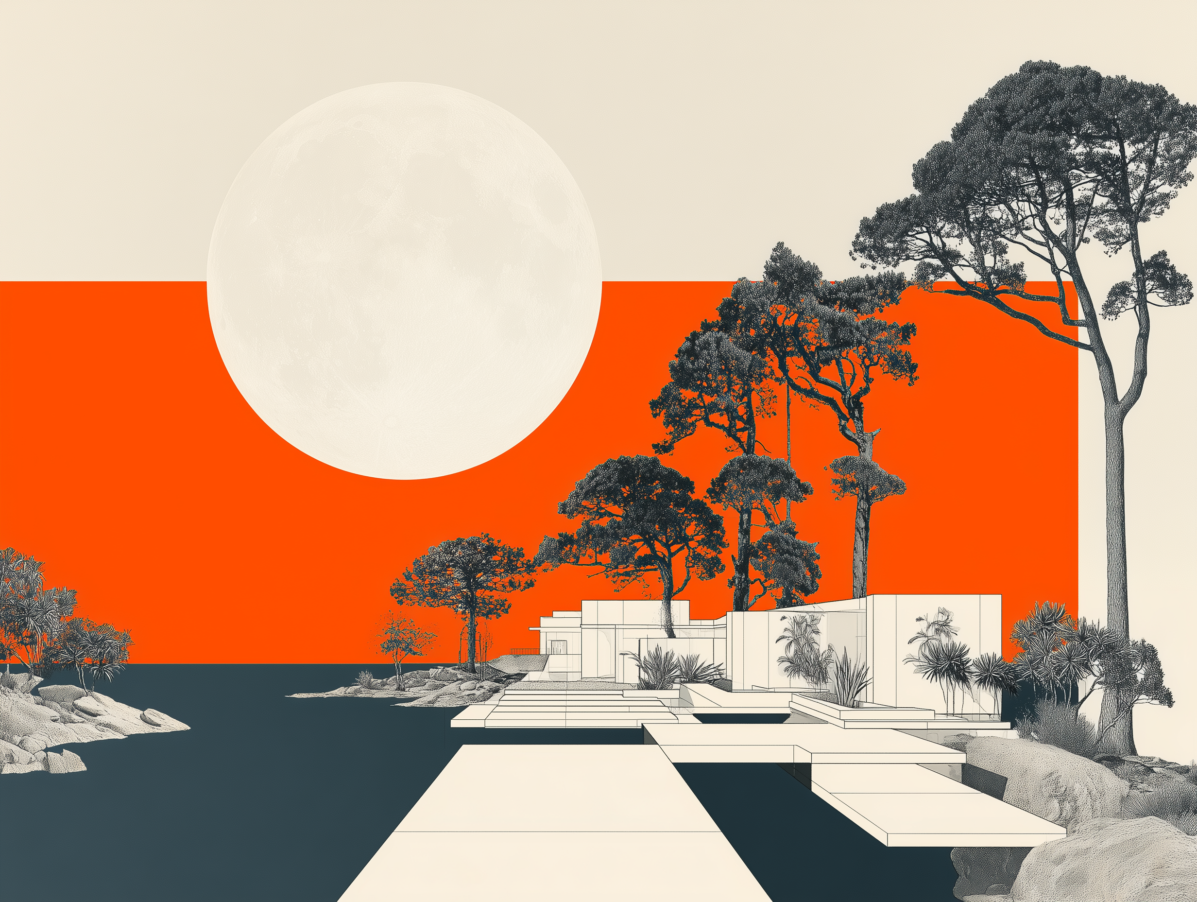 Architectural collage — a low-slung white modernist pavilion at the water's edge under a large white moon, framed by pines against a flame-orange band.