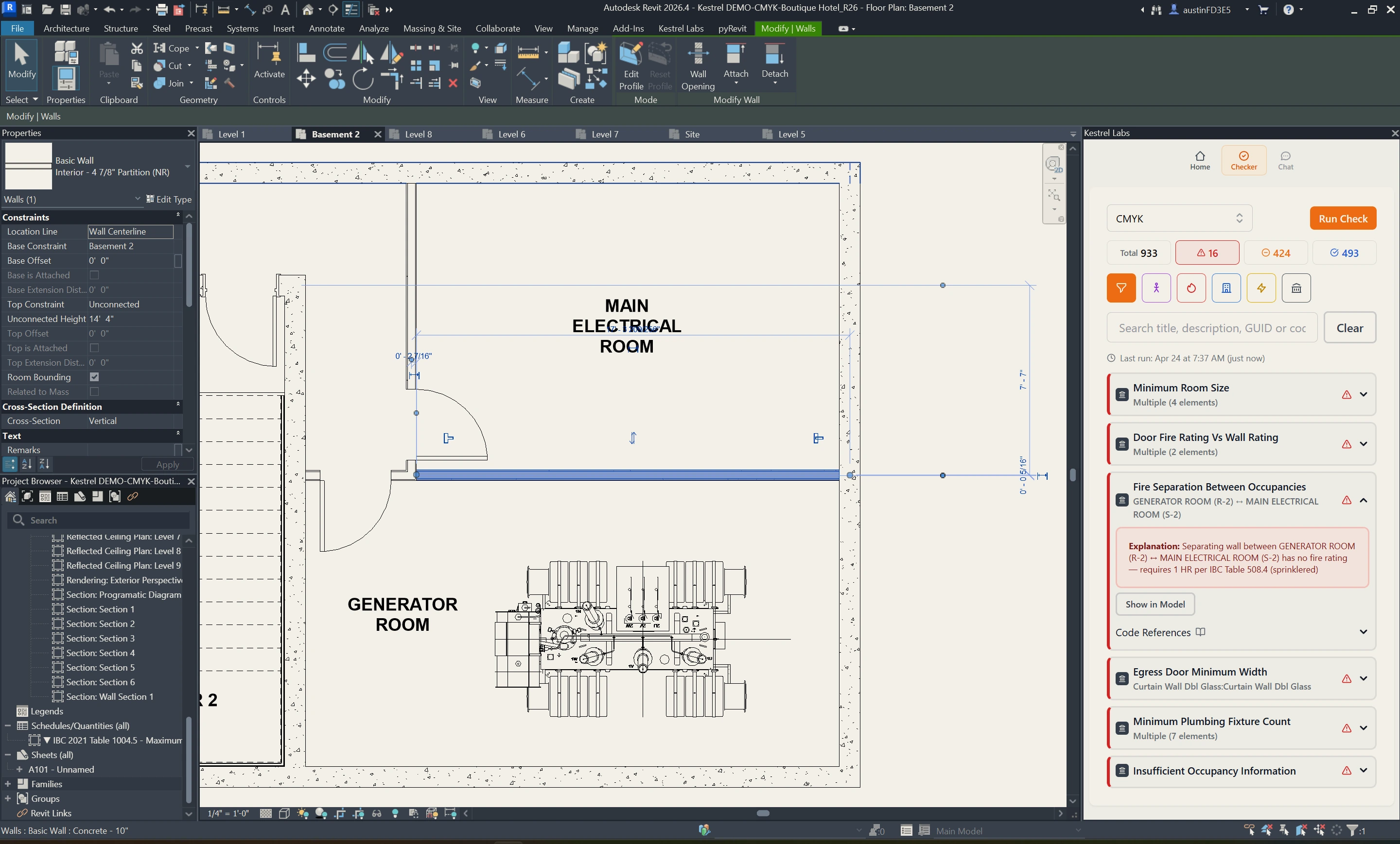 Kestrel running inside Revit on a basement floor plan, with the highlighted wall between the Main Electrical Room and the Generator Room showing the active 'Door Fire Rating vs Wall Rating' violation citing IBC 2021 Table 716.1(2).