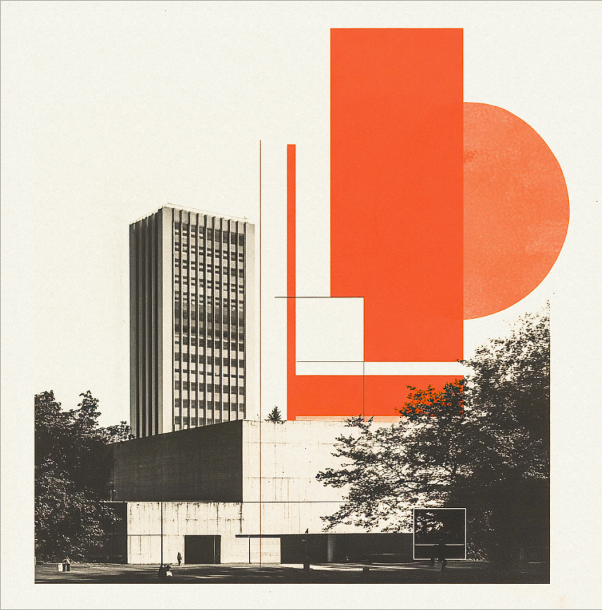 A modernist concrete tower with bold orange geometric shapes overlaid, evoking architectural intent meeting structured logic.